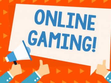 a colorful visual of ONLINE GAMING in light blue letters against a white background with thumbs up around the words