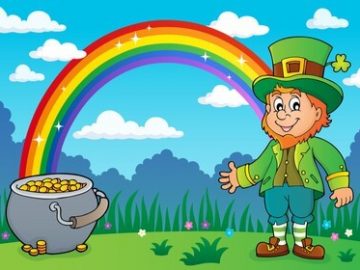 drawing of a leprechaun and a pot of gold at the end of a rainbow