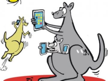 Happy kangaroo family playing an Aussie casino on their phones and tablets