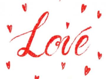 the word LOVE in red handwriting on a white background with little red hearts
